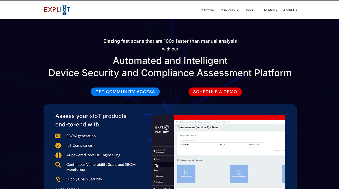Website header for ExplIoT Automated and Intelligent Device Security and Compliance Assessment Platform, highlighting 100x faster scans than manual analysis, with buttons for Get Community Access and Schedule a Demo, and a partial screenshot of the platform's SBOM generation, IoT Compliance, AI Reverse Engineering, continuous vulnerability scans, and supply chain security features.