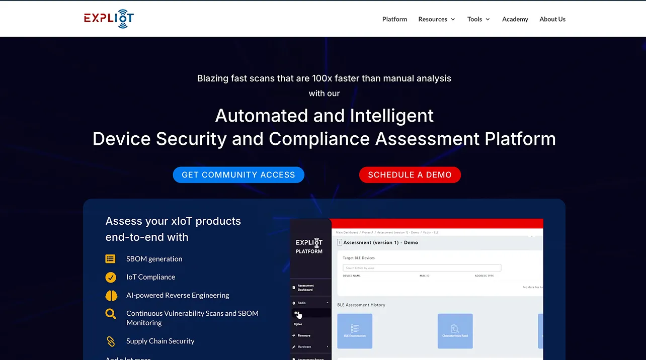 Website header for ExplIoT Automated and Intelligent Device Security and Compliance Assessment Platform, highlighting 100x faster scans than manual analysis, with buttons for Get Community Access and Schedule a Demo, and a partial screenshot of the platform's SBOM generation, IoT Compliance, AI Reverse Engineering, continuous vulnerability scans, and supply chain security features.