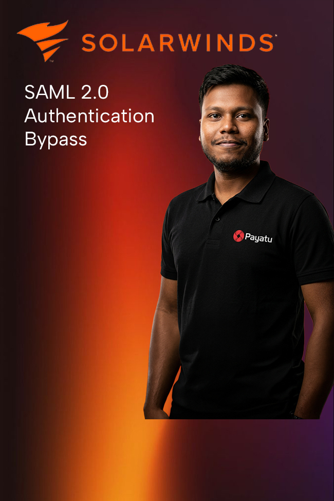 Person in a black polo shirt with Payatu logo standing against a red-orange gradient background with the SolarWinds logo and text 'SAML 2.0 Authentication Bypass' on the left.