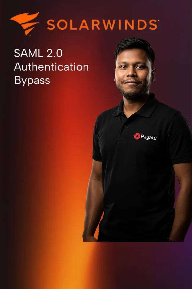 Person in a black polo shirt with Payatu logo standing against a red-orange gradient background with the SolarWinds logo and text 'SAML 2.0 Authentication Bypass' on the left.