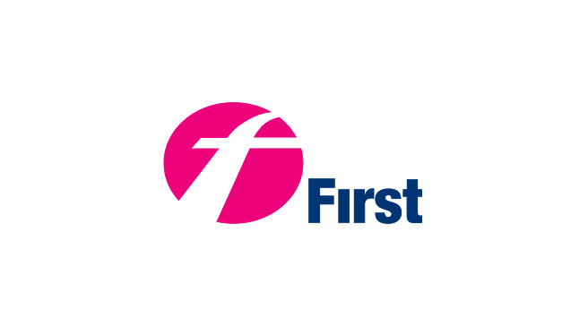 Logo featuring a stylized black letter 'f' inside a pink circle next to the word 'First' in blue text.