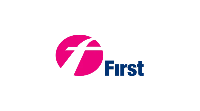 Logo featuring a stylized black letter 'f' inside a pink circle next to the word 'First' in blue text.