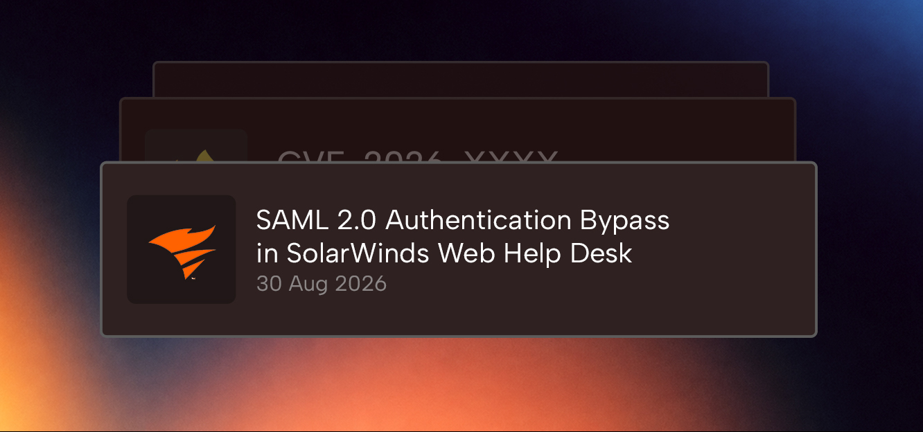 Notification card showing a cybersecurity advisory titled 'SAML 2.0 Authentication Bypass in SolarWinds Web Help Desk' dated 30 Aug 2026, with the SolarWinds logo on the left.