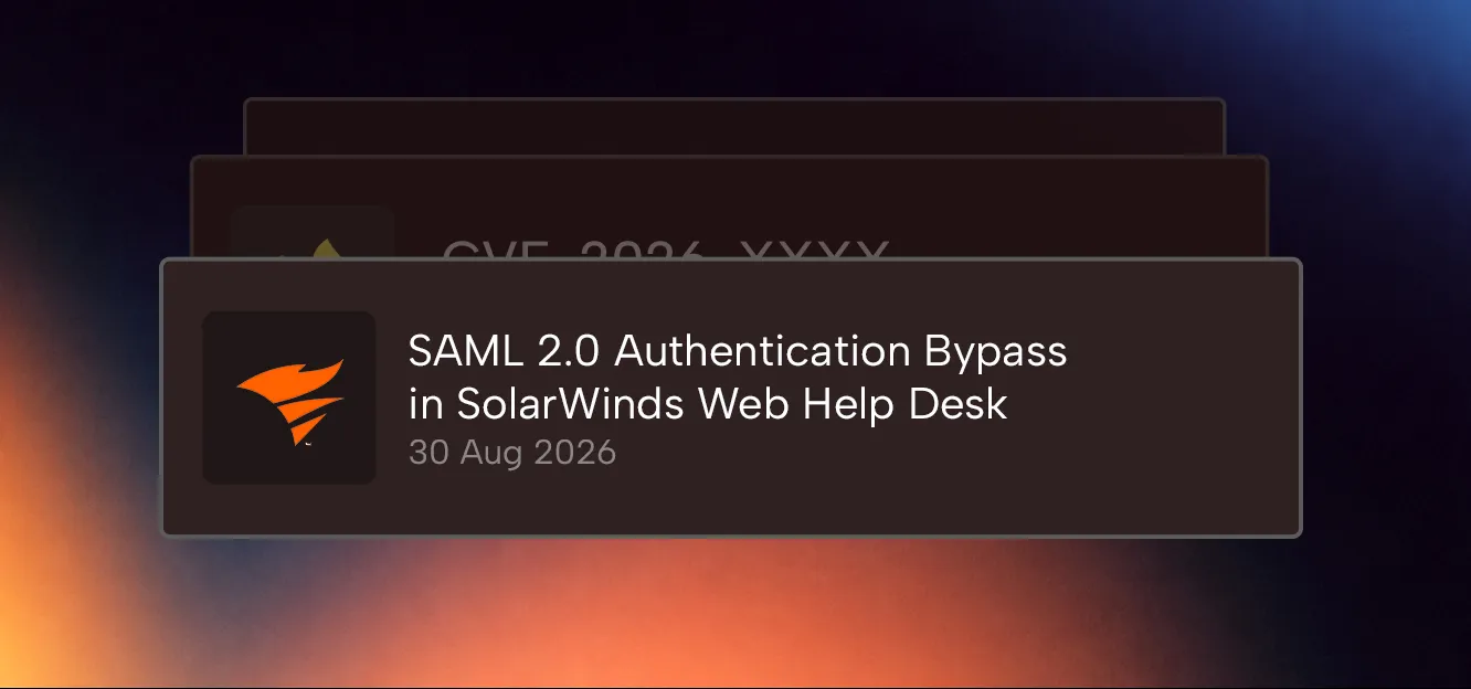 Notification card showing a cybersecurity advisory titled 'SAML 2.0 Authentication Bypass in SolarWinds Web Help Desk' dated 30 Aug 2026, with the SolarWinds logo on the left.