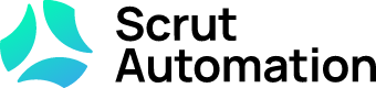 Scrut Automation company logo with an abstract geometric emblem composed of four curved shapes in teal and blue to the left of the company name in black text.
