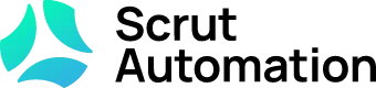 Scrut Automation company logo with an abstract geometric emblem composed of four curved shapes in teal and blue to the left of the company name in black text.