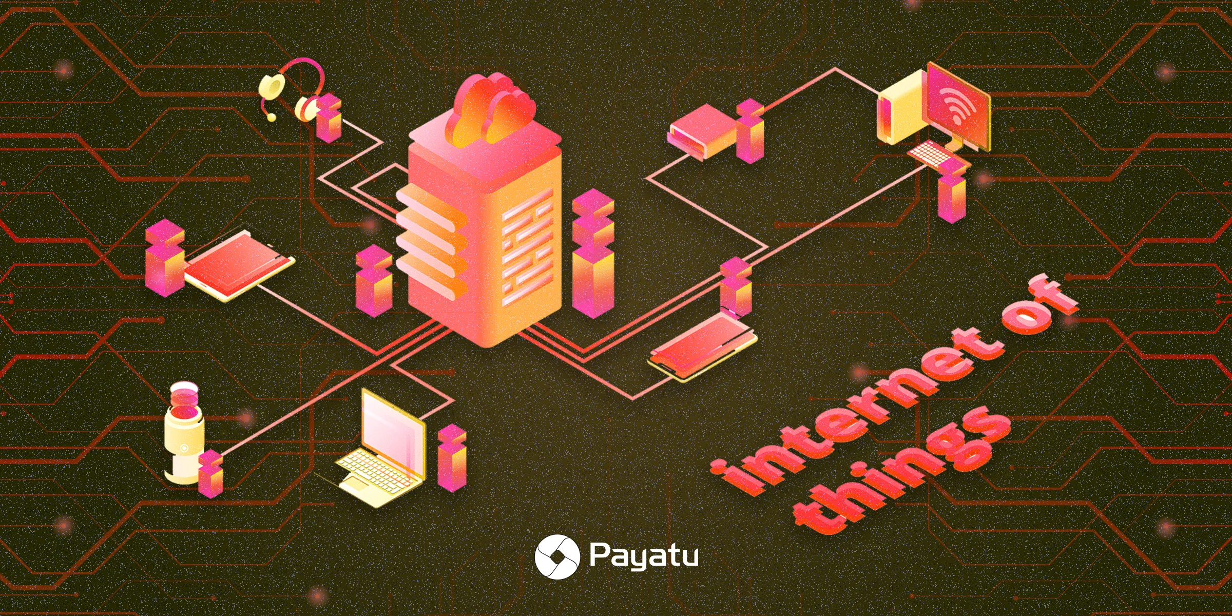 Digital illustration showing interconnected devices including headset, tablet, smart speaker, laptop, smartphone, and desktop computer linked to a cloud server, representing the internet of things concept, with 'internet of things' text and Payatu logo.