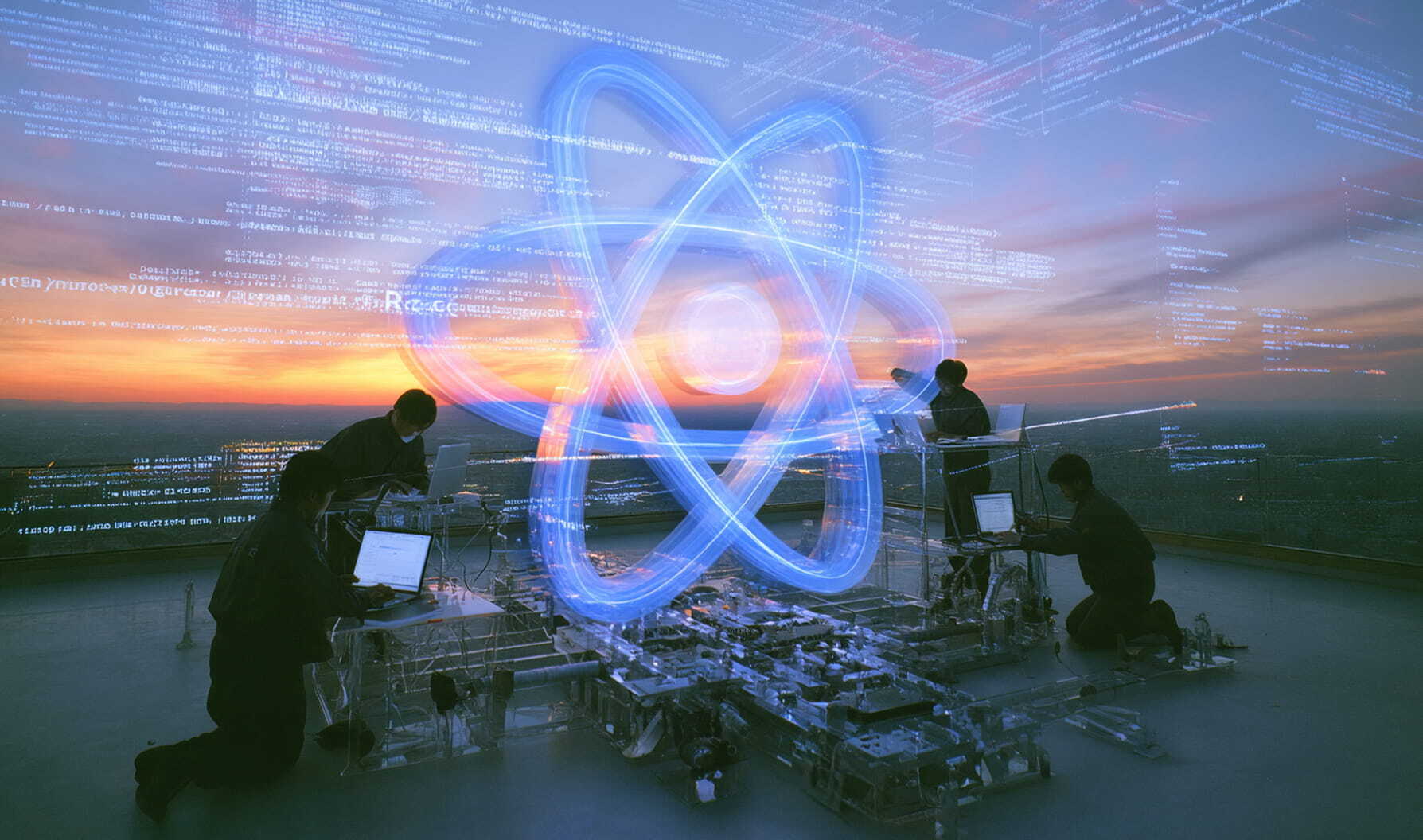 Four people working with laptops around a futuristic transparent table at sunset, with an illuminated blue atom-like digital graphic and floating lines of code in the background.