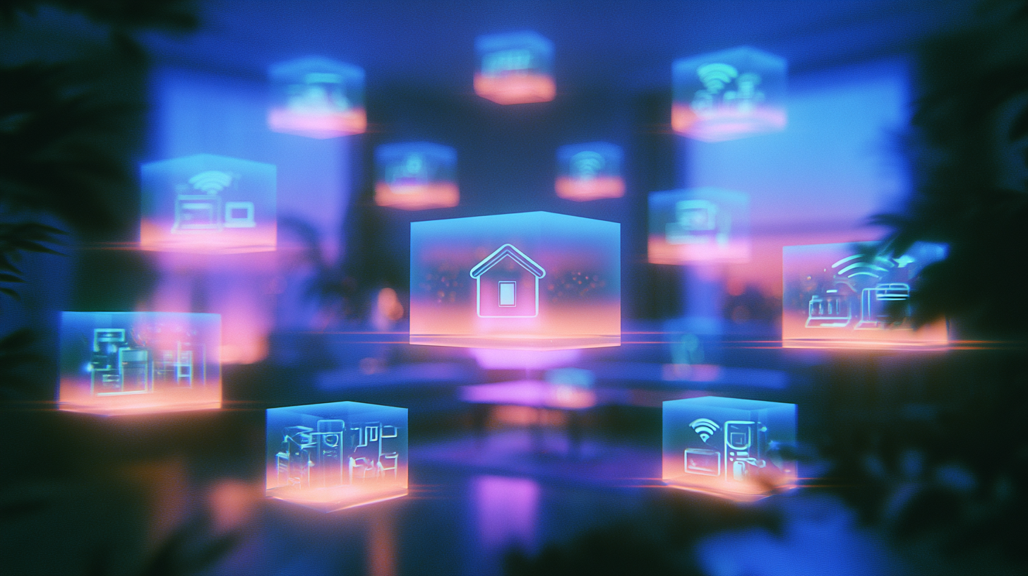 Glowing blue and pink holographic hexagons floating in a dim room, each containing smart home icons like a house, Wi-Fi signal, connected devices, and smart appliances, representing a smart home network concept.