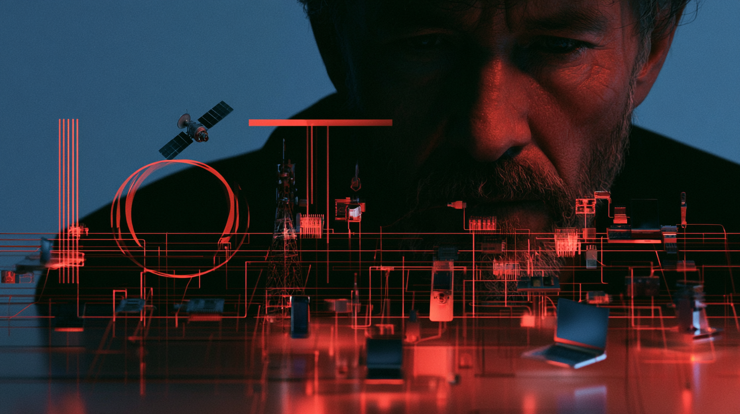 A man's face illuminated with red light, closely observing a futuristic digital network of interconnected devices and lines, including laptops, satellites, and communication towers, against a dark blue background.