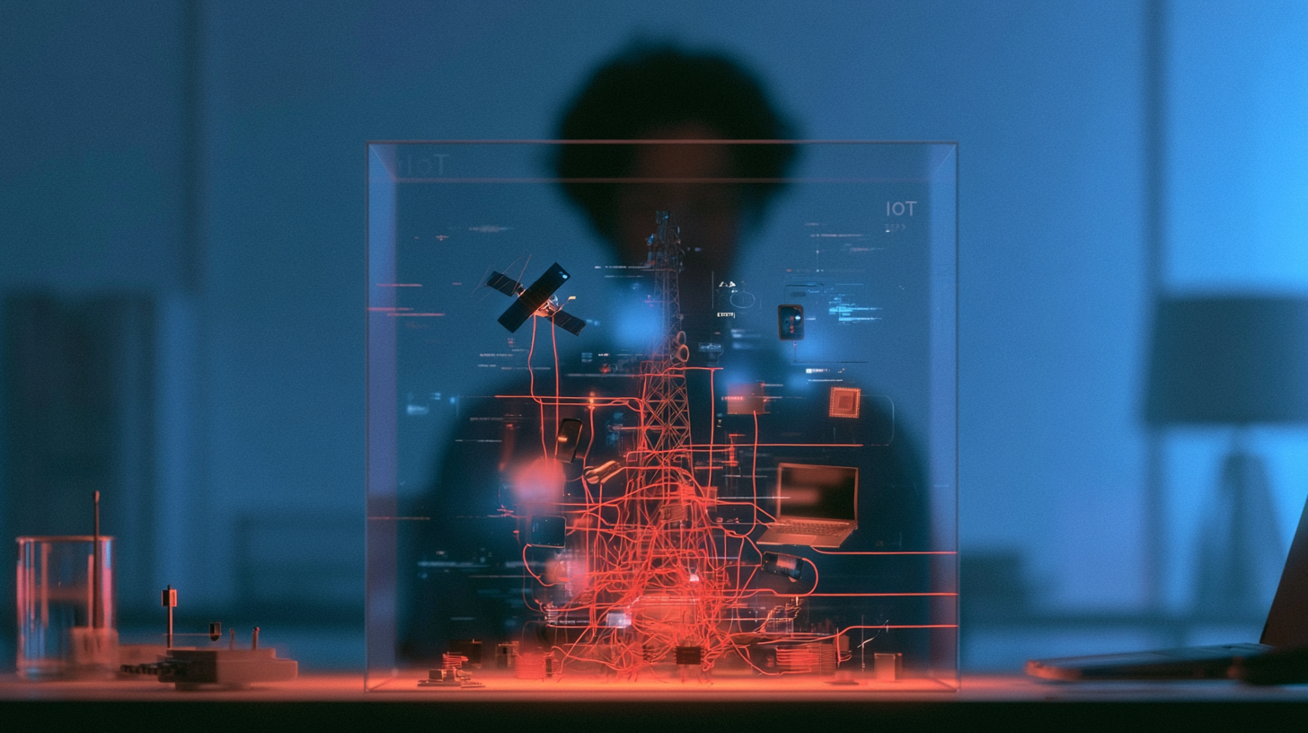 A futuristic holographic display of an Internet of Things (IoT) network showing interconnected devices like a satellite, smartphone, laptop, and sensors connected by glowing red digital lines inside a translucent cube, with a blurred figure in the blue-lit background.