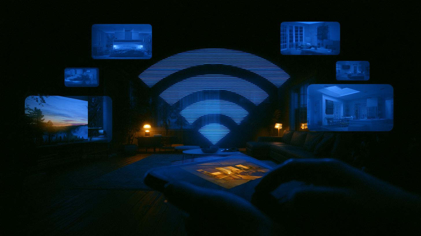 A person holding a smartphone in a dimly lit living room with a large illuminated Wi-Fi symbol on the wall, surrounded by floating blue-tinted images of various cozy room interiors and a sunset landscape.