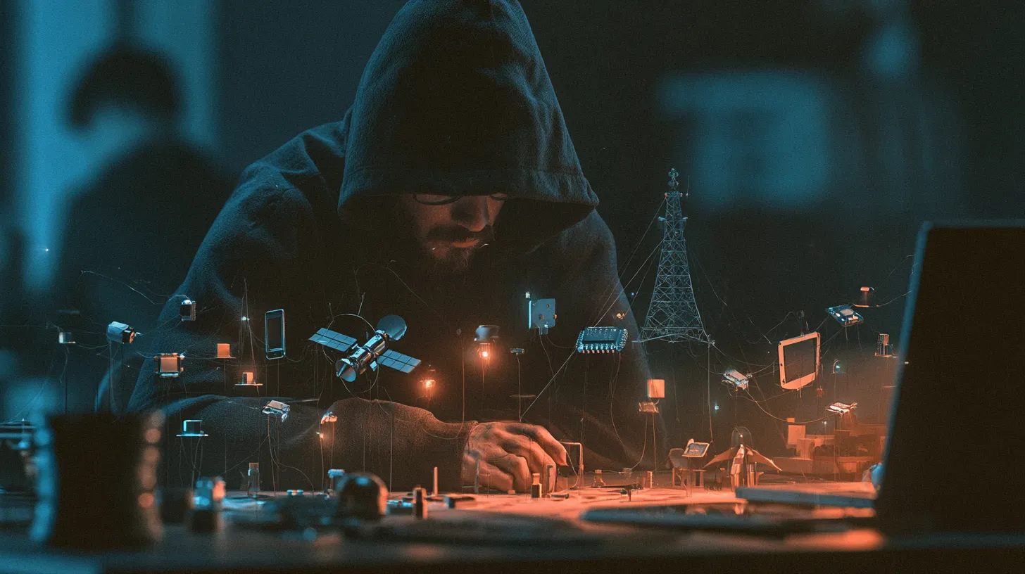 A person wearing a dark hooded sweatshirt with glasses is focused on arranging miniature technological components like satellites, screens, and antennas connected by thin wires on a table in a dimly lit environment.