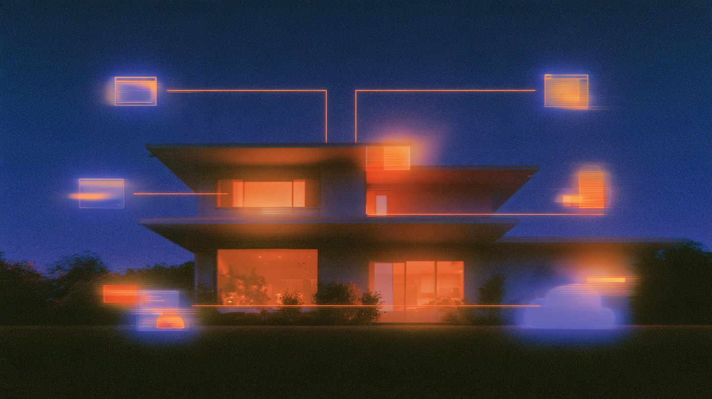 Modern two-story house at night with illuminated windows and digital overlay highlighting various smart home system icons connected to the house, including a cloud, folder, and interface symbols, representing home automation and connectivity.