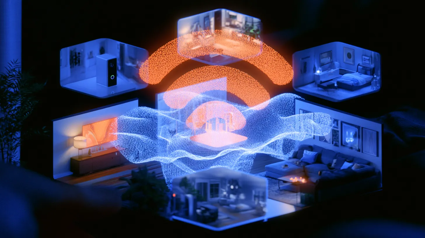 Digital illustration showing a stylized red Wi-Fi symbol floating above blue glowing waves over interconnected rooms of a modern home, depicting smart home connectivity with various indoor spaces like a bedroom, living room, and kitchen.