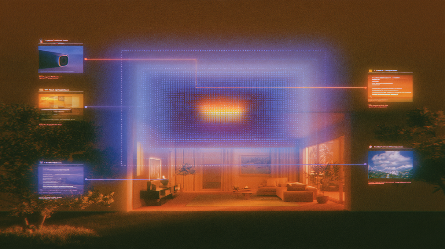 Futuristic living room with glowing digital interface overlay showing connected screens with various data points and images projected around the room.