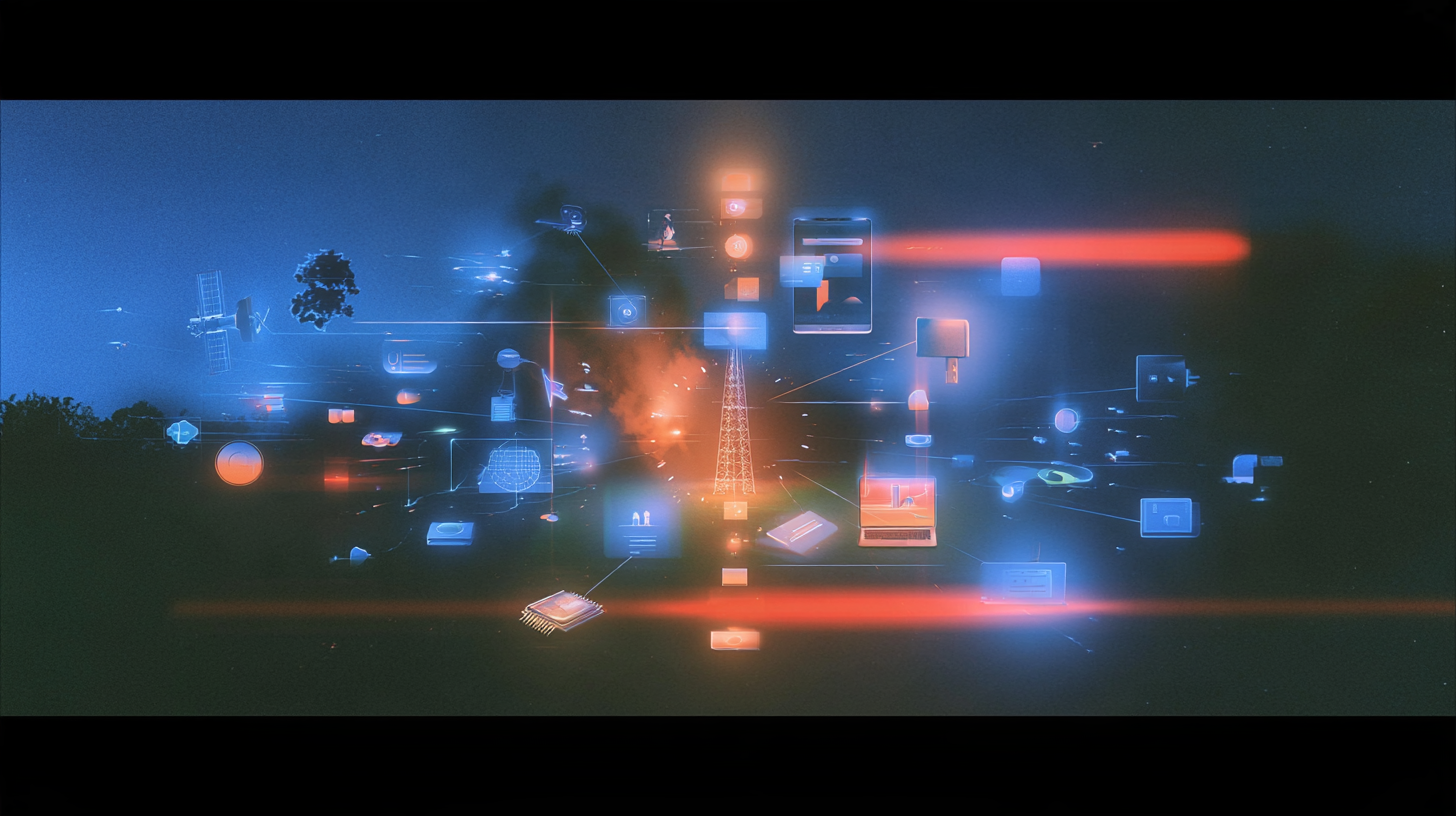 Digital visualization of interconnected technology icons including a smartphone, laptop, microchip, satellite, and communication tower, all connected by glowing lines representing a network, set against a dark background with blue and orange light effects.