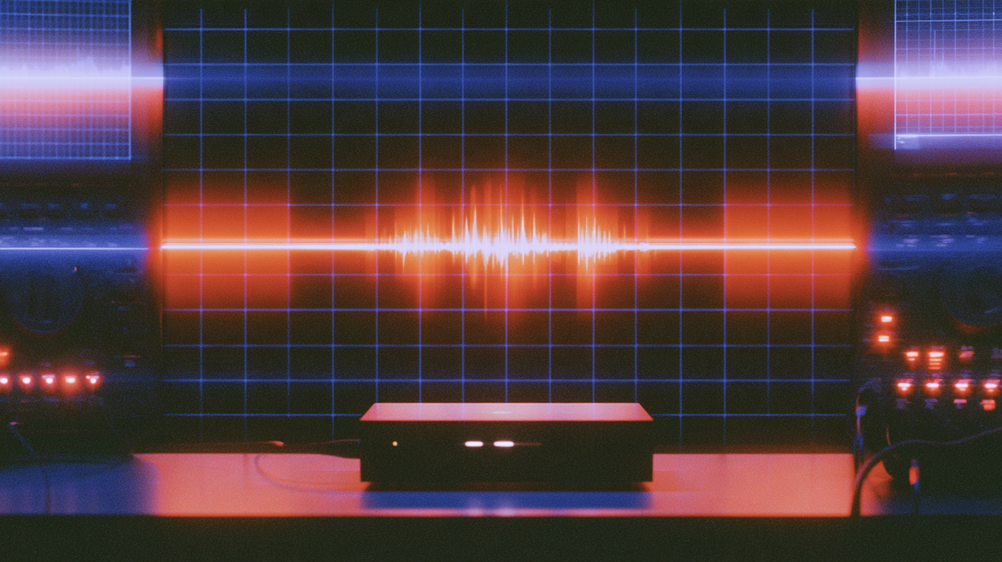 A horizontal red waveform displayed on a blue grid screen with glowing red and blue lights from surrounding electronic equipment in a dark setting.