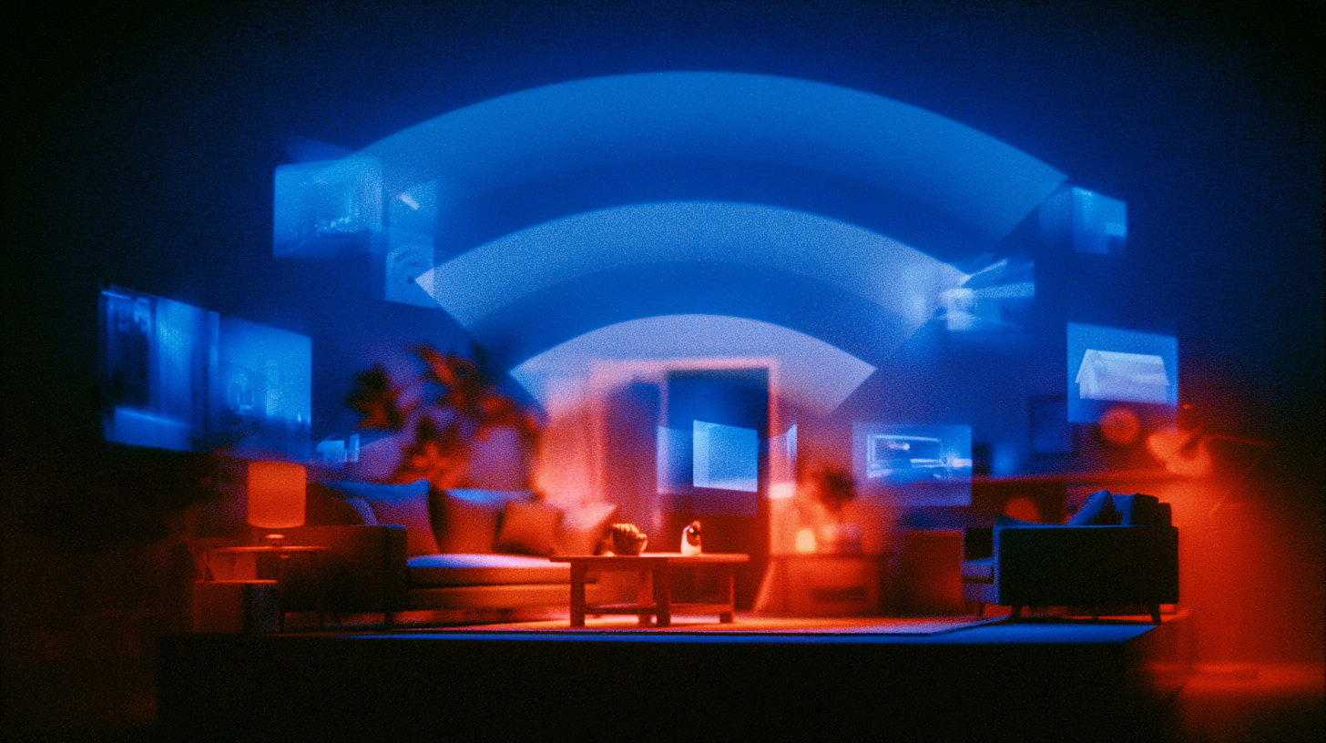Living room with a sofa, armchair, coffee table, and lamps bathed in ambient blue and red lighting, with floating translucent digital screens and Wi-Fi signal arcs above.