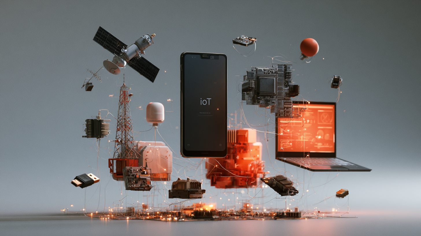 Floating objects connected by illuminated thin wires, including a smartphone displaying 'ioT', satellite, circuit boards, laptop, antenna tower, and various IoT-related electronic devices against a gradient gray background.