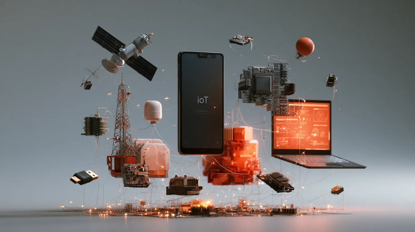 Floating objects connected by illuminated thin wires, including a smartphone displaying 'ioT', satellite, circuit boards, laptop, antenna tower, and various IoT-related electronic devices against a gradient gray background.