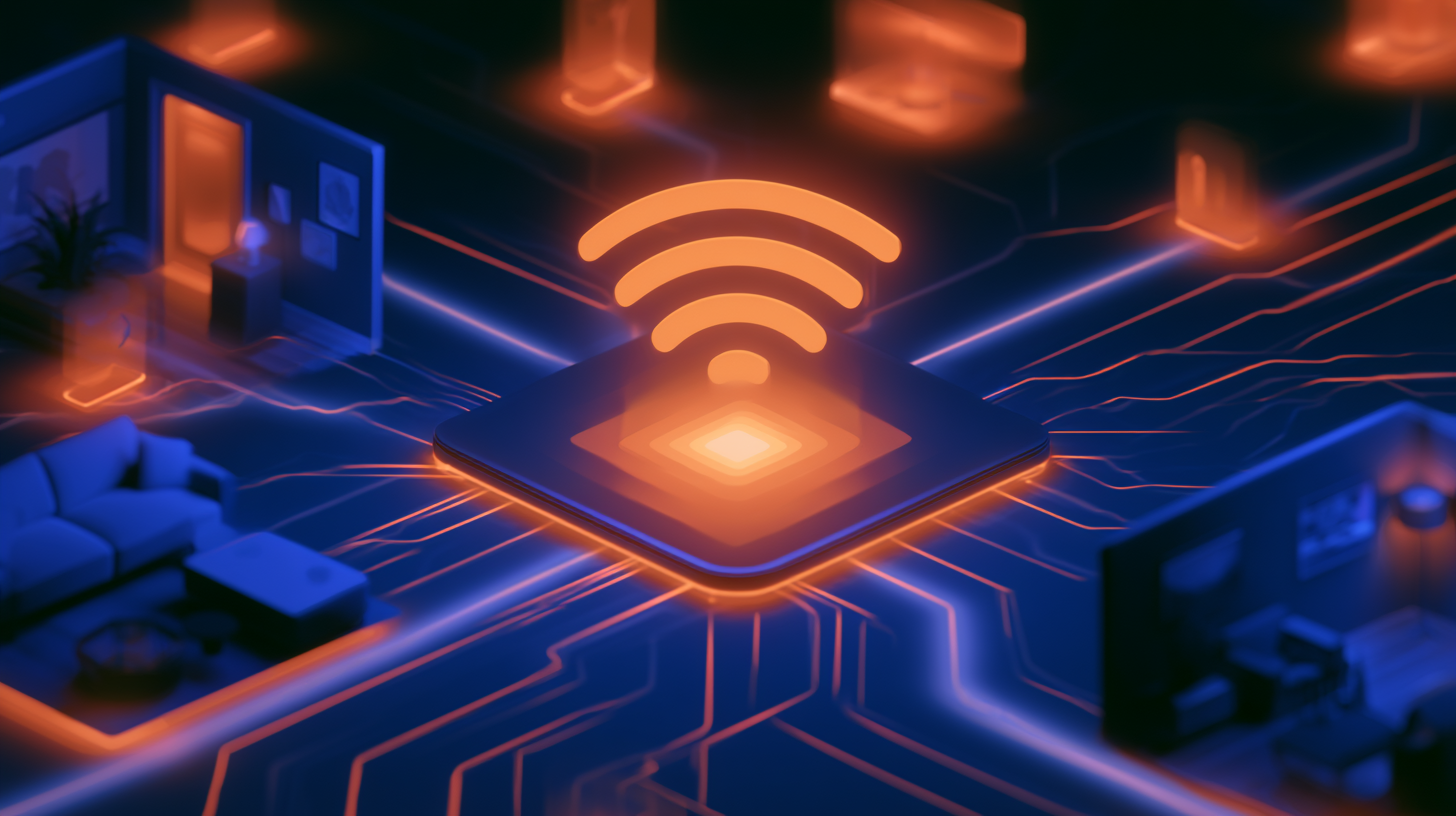 Glowing orange Wi-Fi signal icon rising from a square microchip center on a dark blue circuit board with neon orange lines connecting to miniature room scenes including a living room and office.