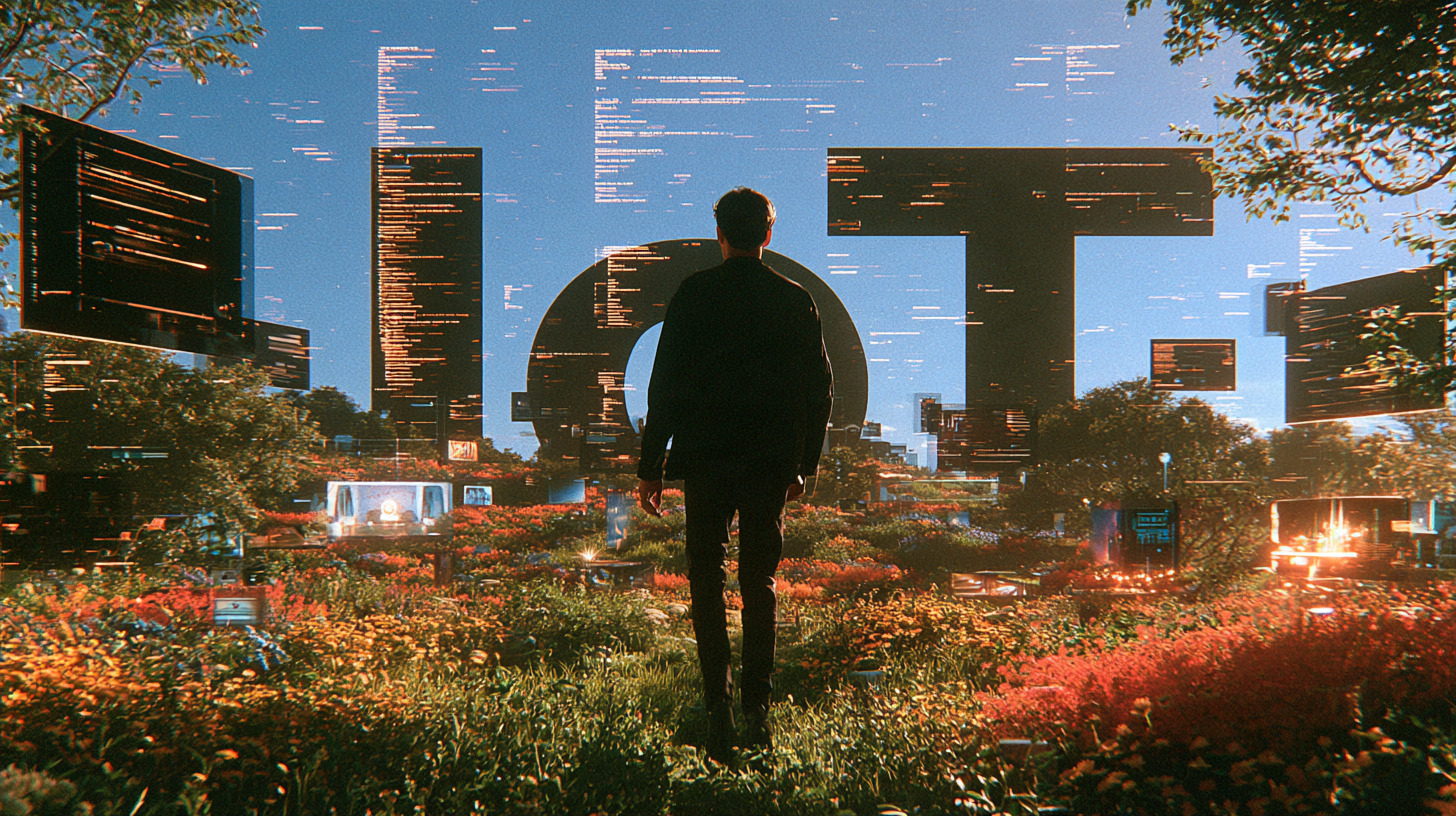 A person in dark clothing walks through a vibrant field of flowers and greenery with large black digital letters forming the word 'IOT' in the background under a clear blue sky, surrounded by glitch-like effects and floating screens displaying code.