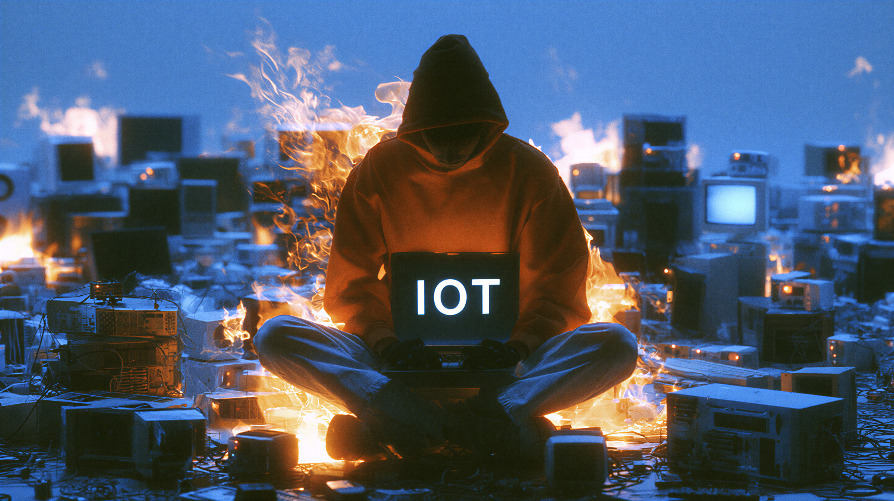 Person wearing an orange hoodie sitting cross-legged surrounded by old computers and electronic devices on fire, holding a laptop with the glowing text 'IOT' on the screen.