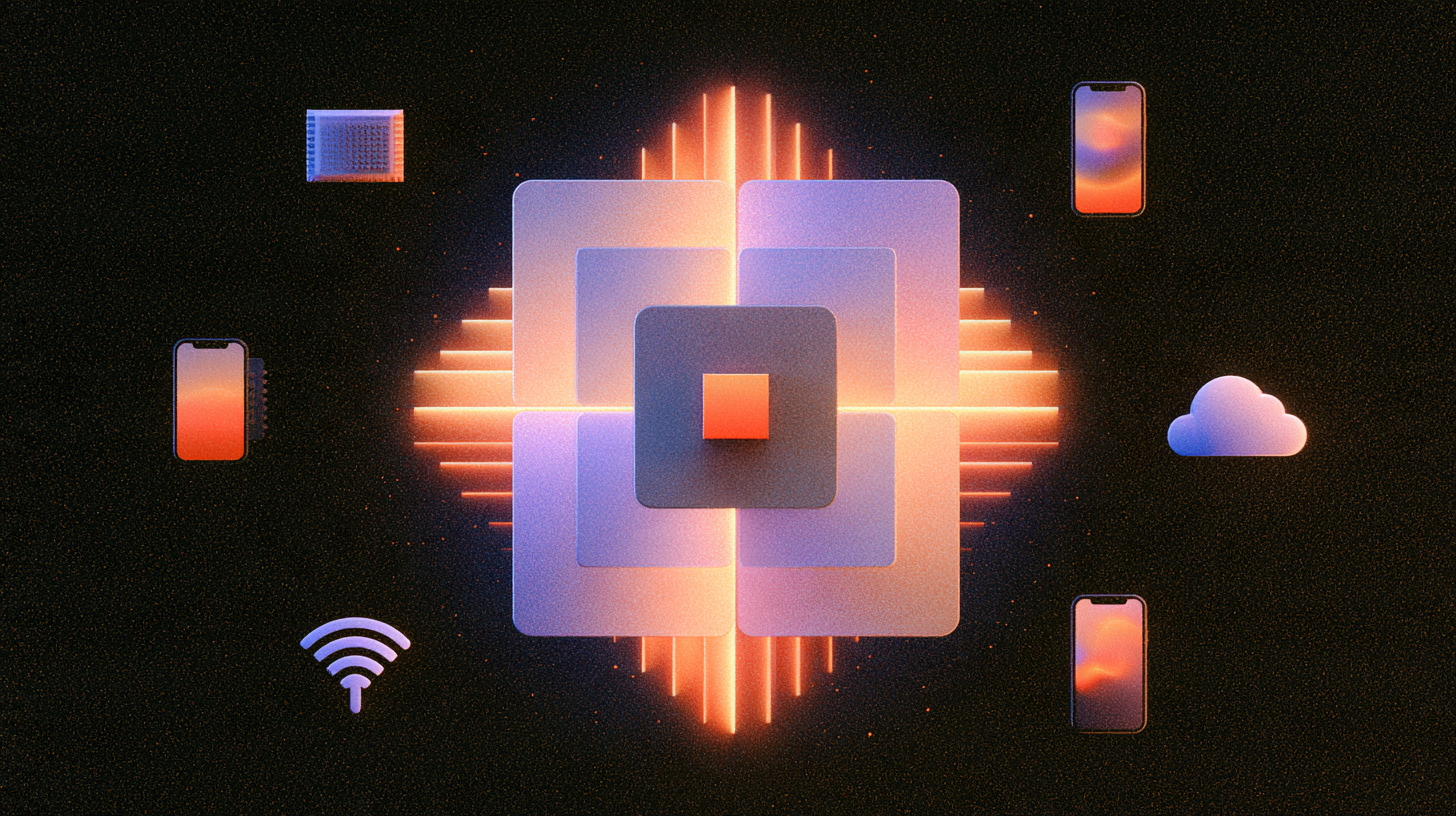 Glowing abstract geometric shape with layered squares in the center, surrounded by icons of smartphones, a cloud, a Wi-Fi signal, and a microchip on a dark background.