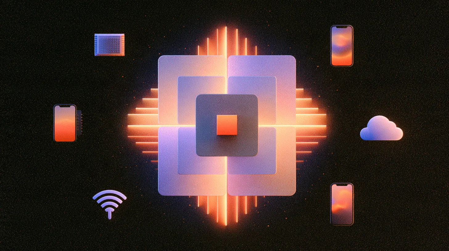 Glowing abstract geometric shape with layered squares in the center, surrounded by icons of smartphones, a cloud, a Wi-Fi signal, and a microchip on a dark background.