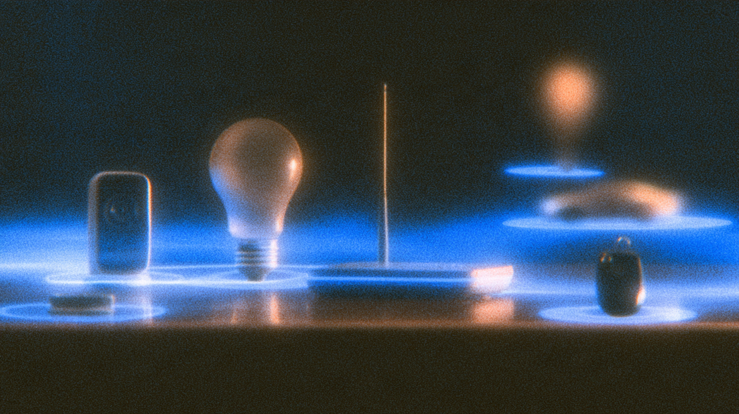 A digitally rendered image showing a variety of objects on a surface with glowing blue circular highlights beneath them; from left to right, a small dark rectangular device, a glowing light bulb, a thin vertical rod on a rectangular base, a lit orange balloon floating over a plate, and a dark rounded object on another plate, all displayed in a softly-lit, hazy environment.