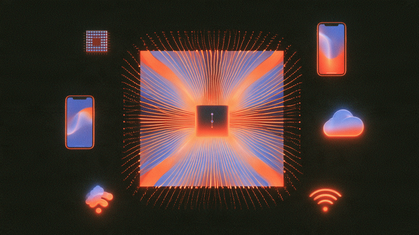 Glowing central microchip symbol with radiating orange lines connected to icons of two smartphones, a cloud, a chip, and Wi-Fi, representing technology and connectivity.