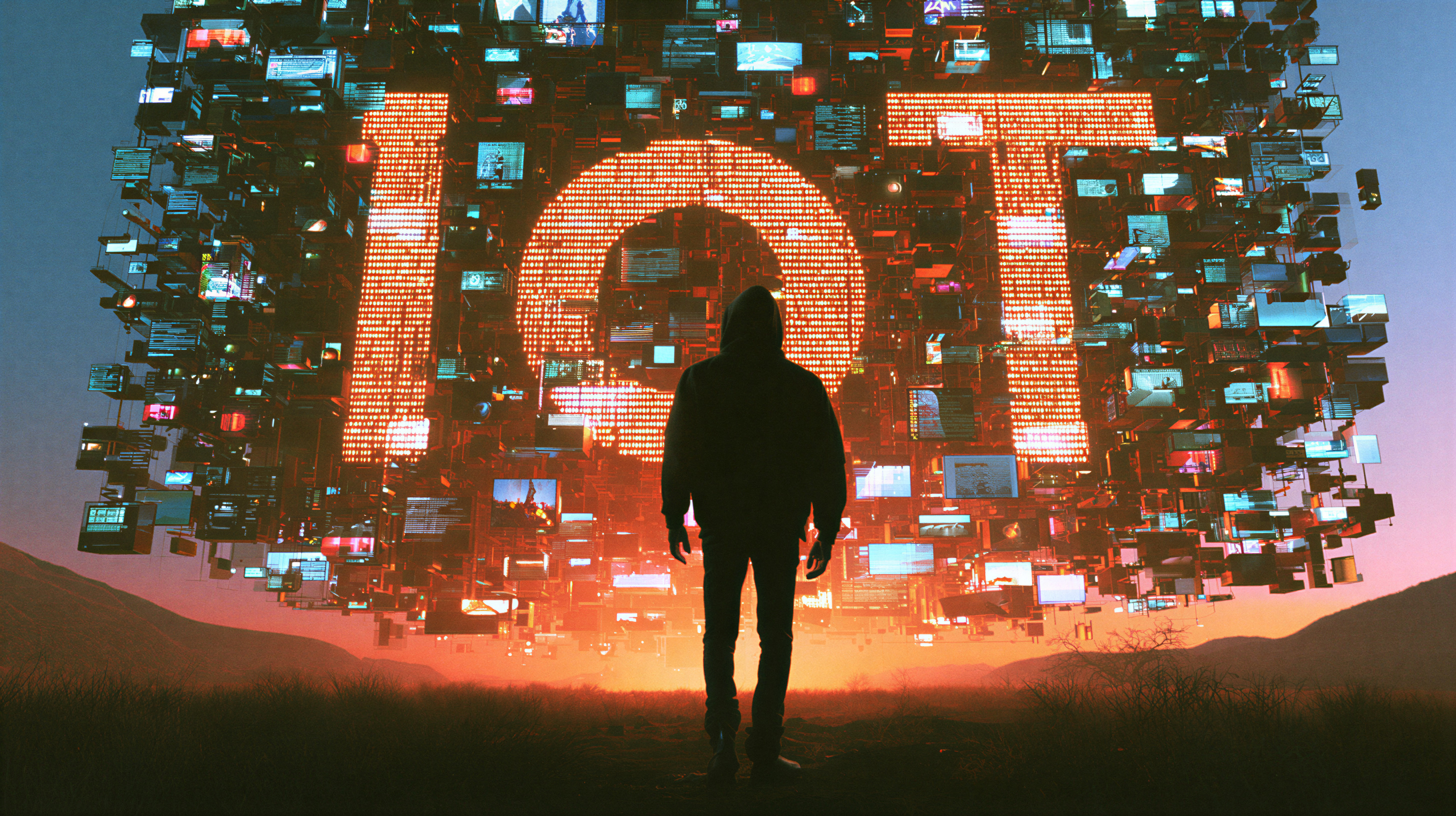 A silhouette of a person wearing a hoodie stands on grass facing a large floating cube made up of numerous smaller screens and digital panels forming the illuminated letters 'IOT' against a sunset sky with mountains in the background.