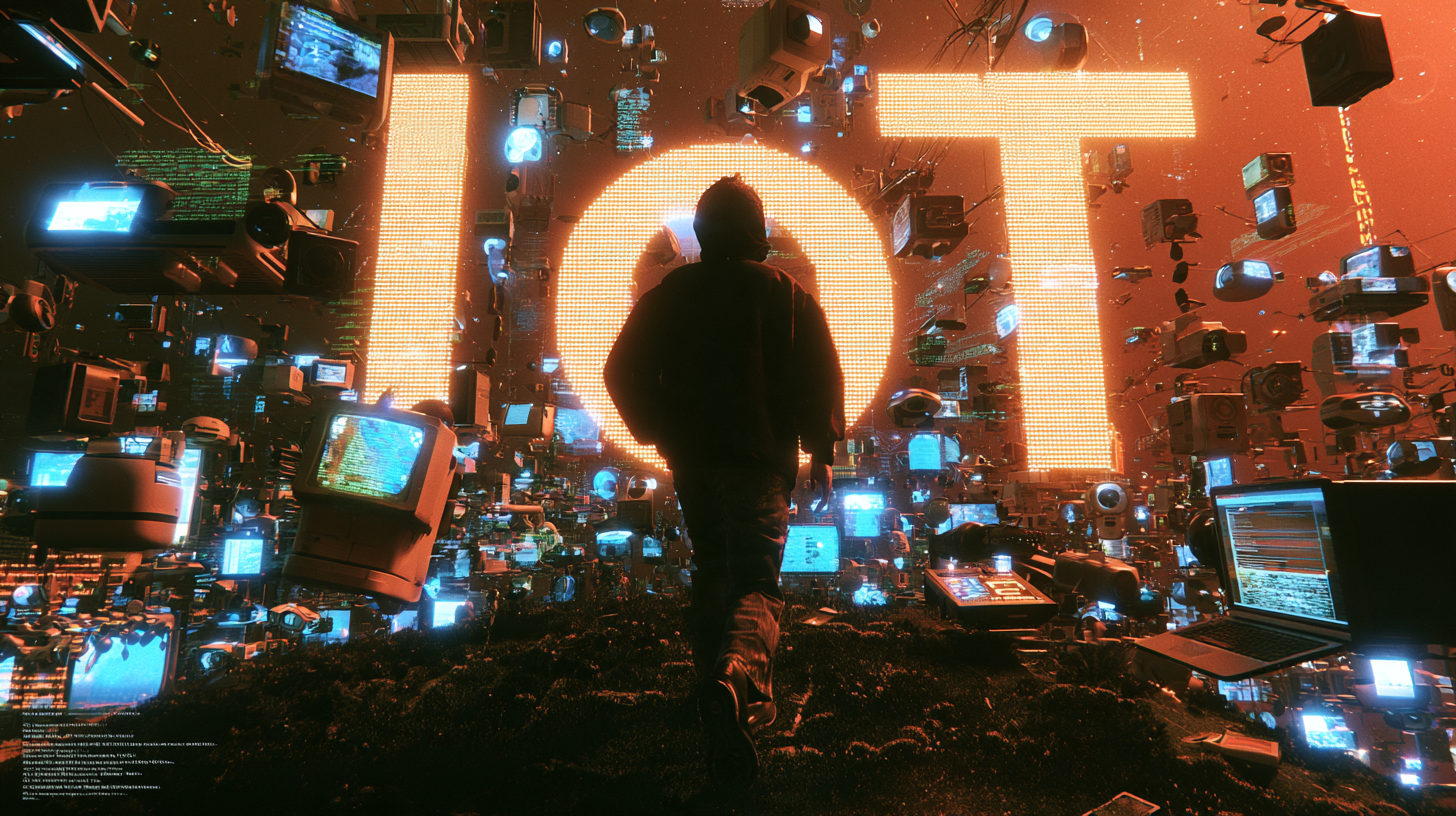 Person walking toward a large glowing orange text reading 'IoT' surrounded by floating old and modern computer monitors and digital devices in a dark, futuristic environment.