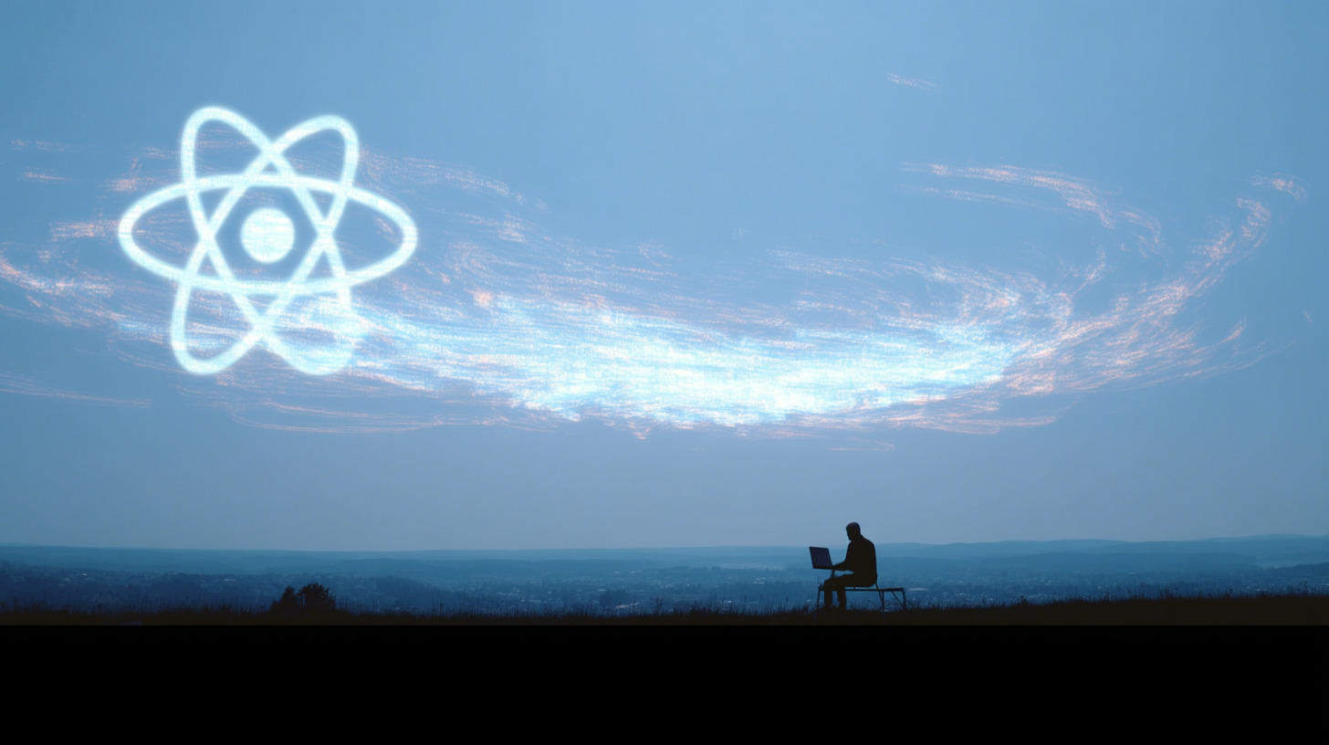 Silhouette of a person sitting on a bench outdoors at dusk, using a laptop, with a glowing atomic structure symbol and swirling light patterns in the sky above them.