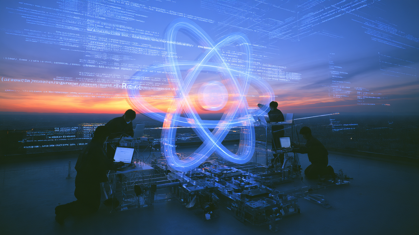 Four people working on laptops around a futuristic setup with illuminated circuit board-like components and a large glowing abstract atomic symbol, against a backdrop of a sunset and digital code floating in the sky.