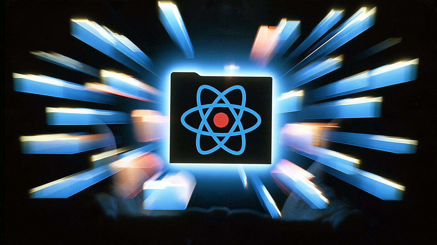 Black folder icon with a blue atomic symbol and red nucleus, glowing with blue light against a black background with streaks of blue and orange light radiating outward.