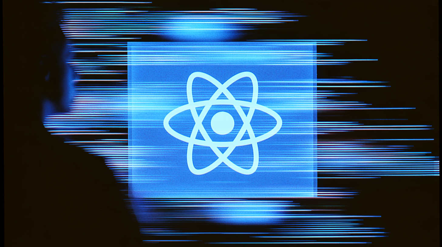 Silhouette of a person looking at a glowing blue screen with a white atomic symbol blurred by horizontal light streaks.