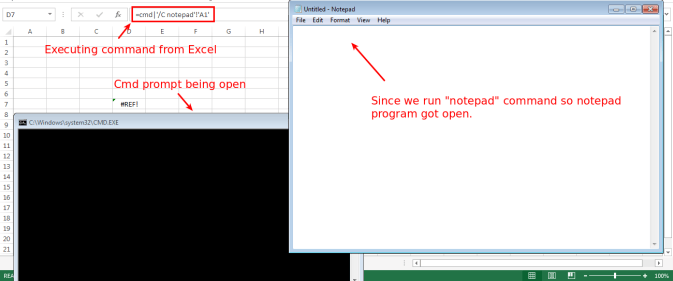 Microsoft Excel CSV Injection, notepad command