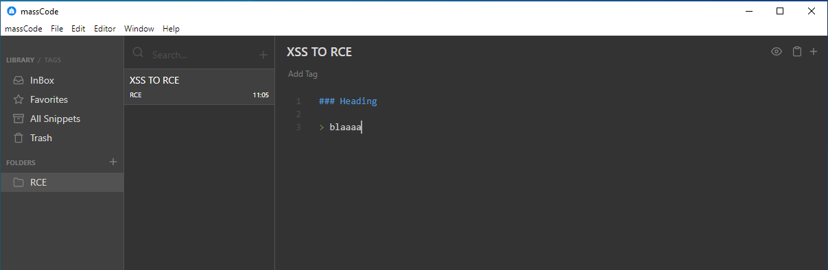 Markdown source in the massCode editor