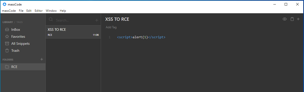Script tag payload typed into the massCode markdown editor