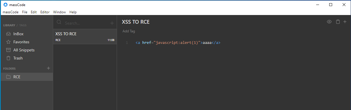 Anchor tag with a javascript: payload in the massCode markdown editor