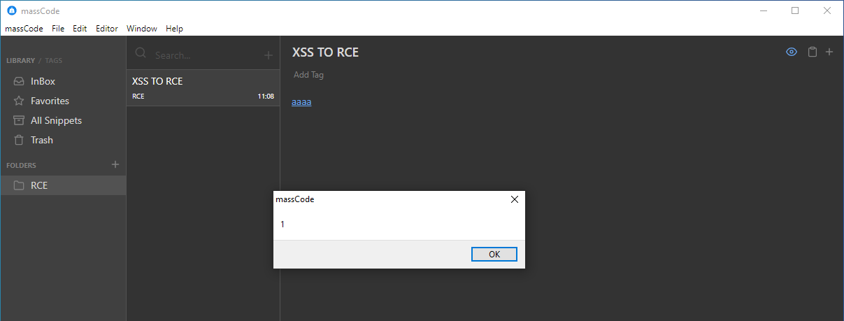 JavaScript alert triggered through XSS in massCode