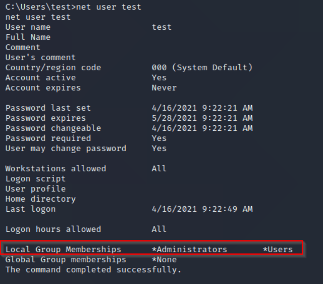 Test users in Administrators group