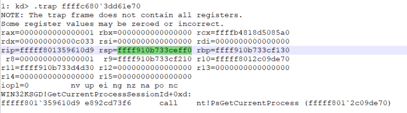 borderline 'rsp' value and stack dump at 'rsp' indicating invalid mmory, which in turn means stack exhaustion which can be used for Denial of Service