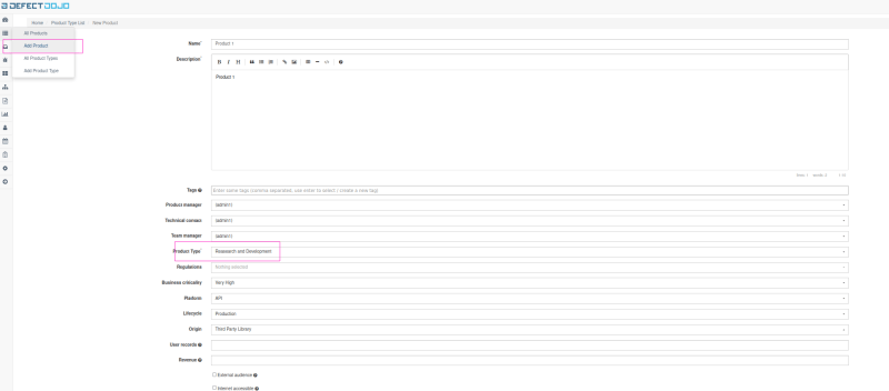 This image shows add product section of defectdojo