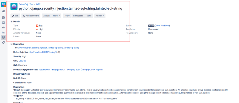 This image shows defect added in Jira through defectdojo
