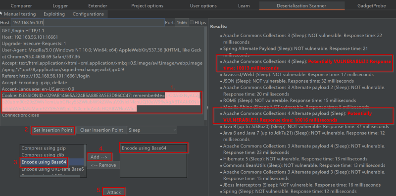 Burp screenshot showing the deserialization vulnerability detected by Java Deserialization Scanner.