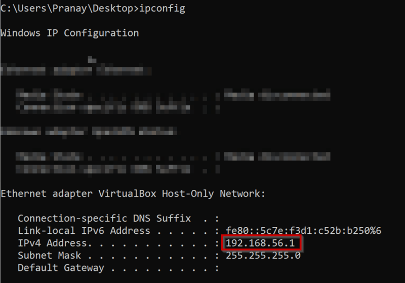 Command line screenshot showing IPv4 address
