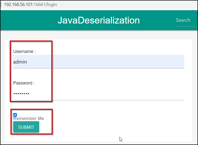 Screenshot showing vulnerable login page